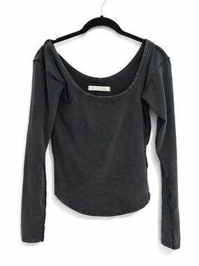 Free People We The Free Washed Black Long Sleeve Scoop Neck Top Small